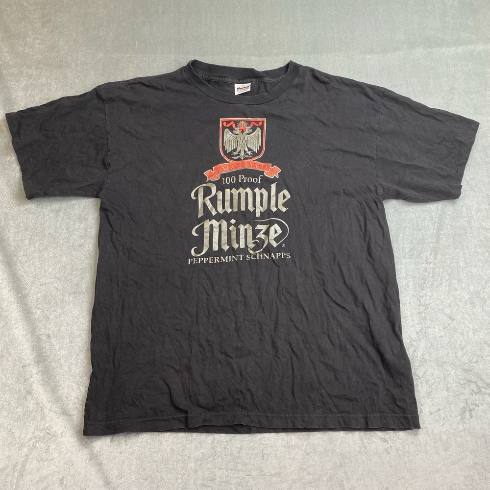 VTG Rumple Minze Graphic T Shirt Black‎ Peppermint Schnapps Logo Mens XL USA